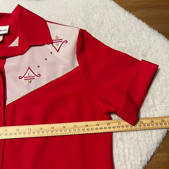 VTG ERIN LONDON Red Button Up Ribbed Hem Short Sleeve Top Size Sm P - Picture 10 of 11